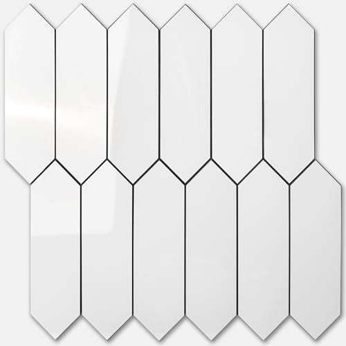 Vamos Tile Glossy White Backsplash Tile Peel and Stick, 12.8 x 12.8 Inch 10 Sheets Long Hexagon PVC Self Adhesive Mosaic Wall Tiles Stick on Backsplash for Kitchen and Bathroom - color: Glossy White