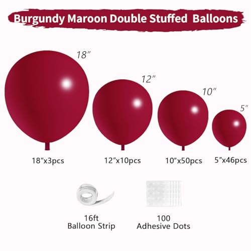 Double Stuffed Burgundy Balloons Different Size 115Pcs 5/10/12/18 Inch Maroon Balloon Garland Arch kit for Birthday Wedding Baby Shower Anniversary Party - color: Burgundy