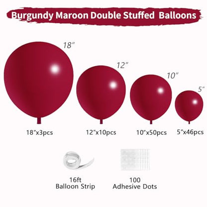 Double Stuffed Burgundy Balloons Different Size 115Pcs 5/10/12/18 Inch Maroon Balloon Garland Arch kit for Birthday Wedding Baby Shower Anniversary Party - color: Burgundy