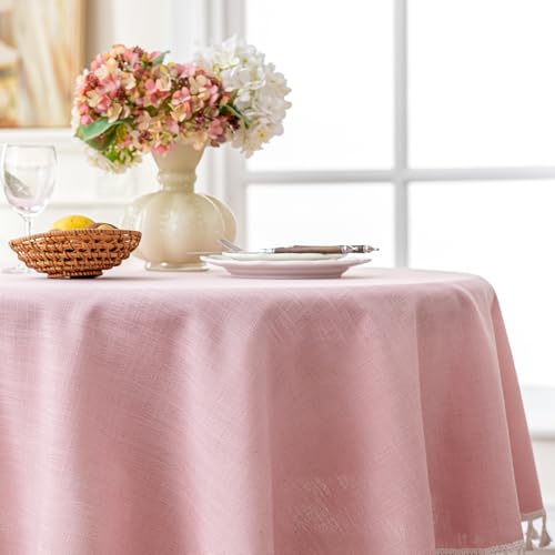 JIALE Valentines Textured Tablecloth, Heavy Duty Linen Style Farmhouse Table Cloth Round Tables, Wrinkle-Free Washable Waterproof Table Cover for Kitchen, Dining, Parties, 55"x55", Pink - color: Pink, size: 55" (Round)