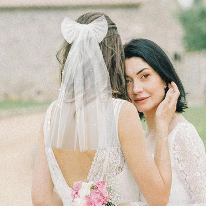 ORFOFE Bridal Veil Hair Clip with Faux Pearl Double-layer Bow White Bow Veil for Wedding Engagement Photoshoot Bridal Headpiece Accessories
