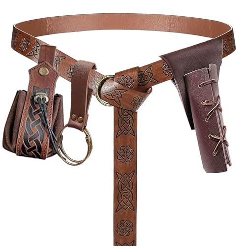 4PCS Medieval Leather Sword Frog Dagger Holder Belt Rapier Scabbard Viking Knight Renaissance Belt Pouch Halloween Costume - color: Pattern-brown