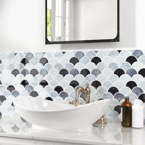 WESTICK 3D Textured Marble Peel and Stick Backsplash Heat Resistant Kitchen Backsplash Tiles Waterproof Shell Peel and Stick Wall Tiles for Bathroom Sink Camper Grey White Black 10 Sheet 12" x 12" - color: 10.black Grey