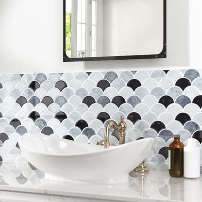 WESTICK 3D Textured Marble Peel and Stick Backsplash Heat Resistant Kitchen Backsplash Tiles Waterproof Shell Peel and Stick Wall Tiles for Bathroom Sink Camper Grey White Black 10 Sheet 12" x 12" - color: 10.black Grey