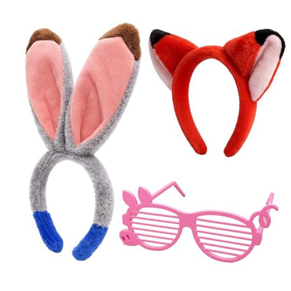 Fox And Bunny Ears Headband, 3 pcs Easter Basket Stuffers Rabbit And Fox Ears Headdress Set With Pig Glasses, Animal-Themed Headbands For Adult Costume Events And Photo Shoots
