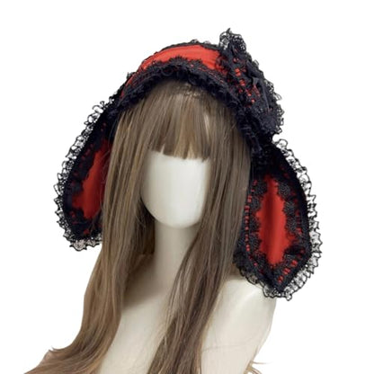 Rabbits Ears Hairband Photo Props Easter Hair Hoop Hairband Party Headpiece Fun Headbands for Music Festival - color: Wine Red & Black Lace