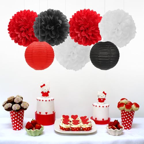 Red-Black White Party-Decorations Paper Flowers Lanterns - 15PCS Halloween Birthday Tissue Pom Poms Streamers,Wedding Baby Bridal Shower Hanging Supplies Decor Hugfond - color: Black and White Red