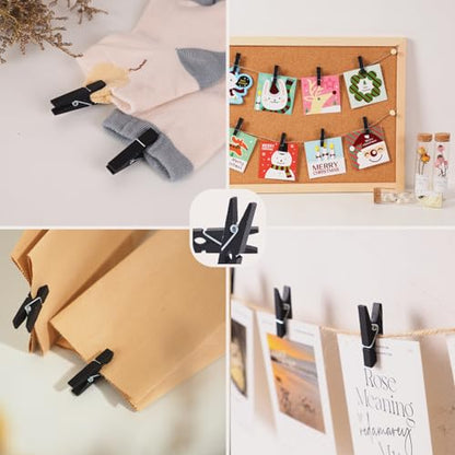 100Pcs Black Clothespins with String, 1.4Inch Wooden Clothes Pins with 328Ft Jute Twine, Mini Photo Display Clips, Black Clips for Hanging Photo, DIY Crafts,Wall Art, Baby Shower - color: Black
