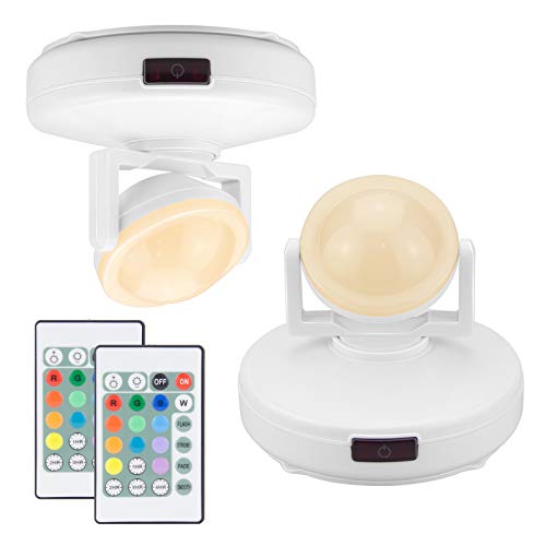 BIGMONAT Wireless Accent Light Battery Operated, Dimmable Spotlight with Remote and Timer, Color Changing Up Lighting for Wall Picture Painting, Stick on RGB Puck Light for Artwork Plant Tree - color: White - 2 Pack, size: Battery Powered