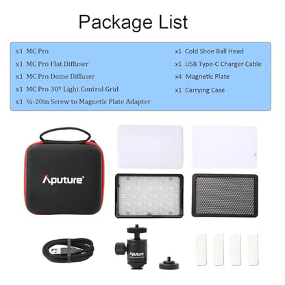 Aputure MC Pro RGBWW On Camera Video Light,5W High Brightness 1585 Lux at 0.5m,2000-10000K Adjustable Magnetic Attraction and IP65 Weatherproo for Photography,Videographer