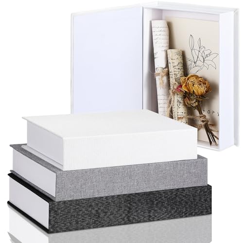 Tioncy 3 Pcs Fake Book Box Neutral Linen Book Box Decorative Faux Prop Storage for Farmhouse Home Decor shelf Table Card Photo DIY Keepsake Gift(Multi Sizes,Black, White, Dark Gray) - color: Black, White, Dark Gray, size: 8.6 x 6.1 x 1.8 Inch