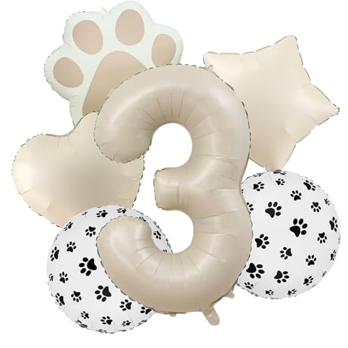 3rd Birthday Dog Paw Balloons Set,18'' Paw Prints, Heart,Star,Paw Shaped Foil Balloon 40 Inch Cream Number 3 Helium balloons for Puppy Themed Third Anniversary Birthday Party Decorations Supplies 6PCS - color: Cream-3