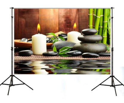 Meditation Relax Backdrop 5x3ft Bamboo Zen Stone Candle Water Woodiness Floor, Dessert Table Banner Decoration Background Studio Photography Props BJOKPH0022 - size: 5x3ft