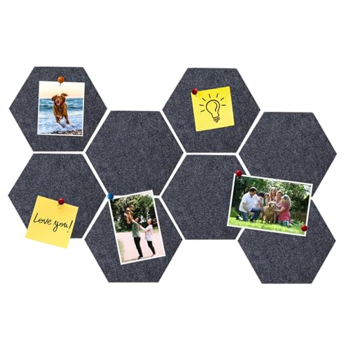 8 Pcs Hexagon Felt Cork Bulletin Board Tiles, Self Adhesive DIY Bulletin Board Pin Board for Office School Home Wall Decor Memos Photos Display(Deep Grey) - color: B- Deep Grey, size: Hexagon