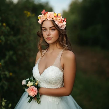 Elegant Butterfly Flower Headband for Women Boho Handmade Rose Floral Crown Wedding Bridal Festivals Cosplay Prom Photo Props Headpiece (B4 pink, Adjustable) - color: B4 pink