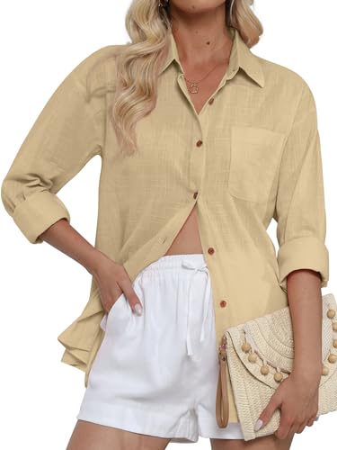 CUNLIN Women's Button Down Shirts Long Sleeve Cotton Summer Beach Wear for Women with Pocket - color: 50086_khaki, size: XX-Large