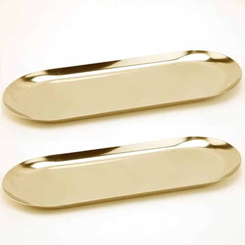 Fermus Stainless Steel Decorative Tray, Set of 2, 12 Inch Long, Jewelry Dish Cosmetics Organizer Bathroom Clutter Serving Platter Small Storage Tray, Oval, Gold - color: Gold