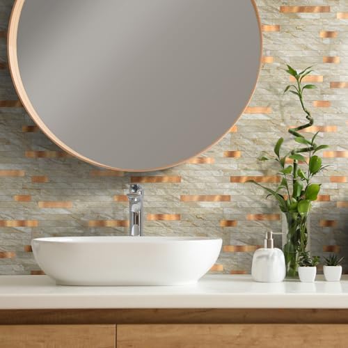 Yipscazo 10 Sheets Peel and Stick Stone Metal Tile Backsplash, Stick on Tiles for Backsplash Kitchen, Bathroom, Laundry Room, Camper, Fireplace (12'' X 12'', Polished Beige) - color: Polished Beige