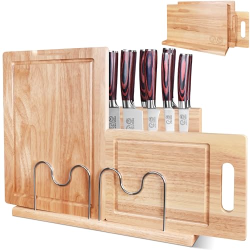 XYJ Authentic Since 1986, Magnetic Knife Block with Cutting Boards, Natural Wood, Countertop Knife Organizer, Space-Saving Knives & Prep Board Set, Kitchen Storage Solution without Knives - color: light wood color, size: 16.5*9.5 inch with board