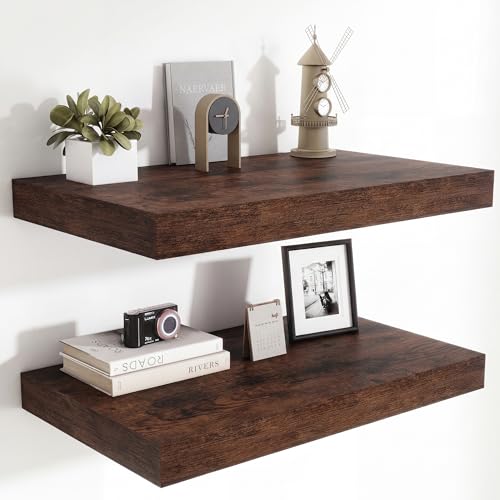 Heimlove 24 x 12 Inch Deep Floating Shelves Wall Mounted with Invisible Brackets,Storage Hanging Shelf for Wall Decor in Bathroom, Bedroom, Kitchen, Living Room, Office Set of 2 (Rustic Brown) - color: Rustic Brown, size: 24"W x 12"D x 2"H, Set of 2