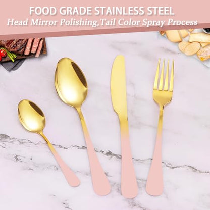24 Pieces Flatware Set, Stainless Steel Cutlery Set with Silverware Holder, Modern Gold Silverware Set Includes Dinner Knives Forks Spoons,Hanging Silverware Set Service for 6 (Pink) - color: Pink