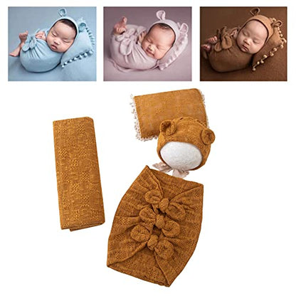Newborn Baby Boy Girl Photography Props Bow Wrap, Posing Aid, Hat and Blanket Set of 4 Pcs - color: Dark Yellow