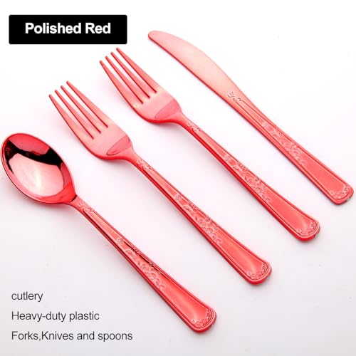 180 Pack Disposable Rose Red Plastic Silverware Contain 60 Forks,60 Spoons,60 Knives, Solid and Durable Plastic Cutlery Utensils Set Perfect for Parties,weddings. - color: Rose