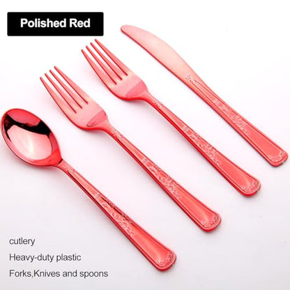 180 Pack Disposable Rose Red Plastic Silverware Contain 60 Forks,60 Spoons,60 Knives, Solid and Durable Plastic Cutlery Utensils Set Perfect for Parties,weddings. - color: Rose