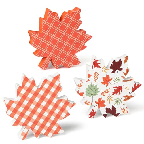 COCHIE Fall Leaves Decorations for Home Indoor, Thanksgiving Table Decor, Harvest Tabletop Decoration, Wooden Maple Leaf Signs Block for Tiered Tray Party Shelf Display Set of 3 - style: Fall Leaves 3