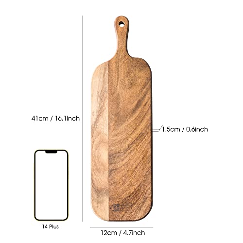Wood Cutting Board with Handle, Long Acacia Serving Board Wooden Cheese Board Charcuterie Boards Wood Board for Food Bread Fruit 16.1x4.7x0.6 Inch