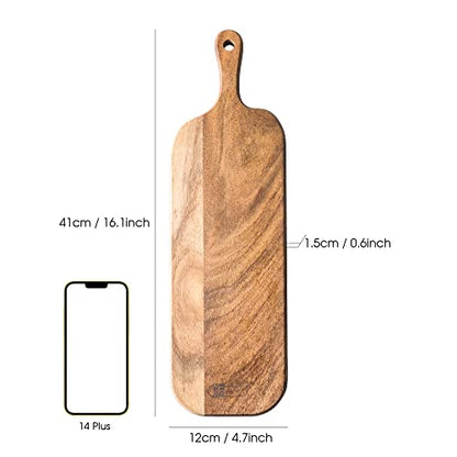 Wood Cutting Board with Handle, Long Acacia Serving Board Wooden Cheese Board Charcuterie Boards Wood Board for Food Bread Fruit 16.1x4.7x0.6 Inch