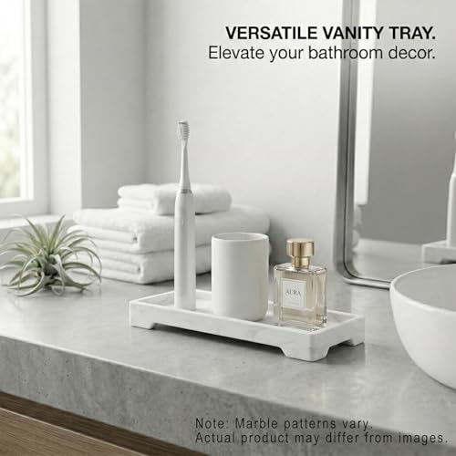 Countertop Vanity Tray - Silicone Bathroom Sink Organizer & Kitchen Soap Tray, Footed Anti-Slip Design, Waterproof Caddy for Perfume, Jewelry, Makeup, Bottle, Oil, Sponge Holder, White Marble 10"x4.2" - color: White Marble