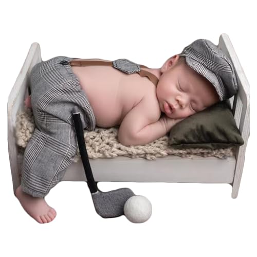 Newborn Monthly Baby Photo Props Stripe Checked Flat Cap Newsboy Suspender Pants Romper for Photography Outfits - color: Silver Gray