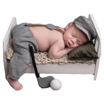 Newborn Monthly Baby Photo Props Stripe Checked Flat Cap Newsboy Suspender Pants Romper for Photography Outfits - color: Silver Gray