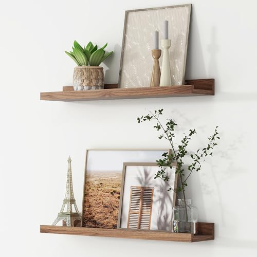 FLYJOE Picture Ledge Shelf, Floating Shelves Set of 2, 24 Inches Nursery Book Shelves for Toys Storage, Kids Bookshelf Wall Mounted for Living Room Bedroom Decor Books Photo Frames, Walnut - color: Walnut, size: 24'', Set of 2