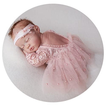 Zeroest Newborn Photography Outfits Girl Lace Romper Newborn Photography Props Rompers Baby Girls Skirt Photoshoot 3 PCS - color: Pink-long Sleeve