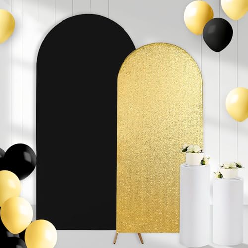 2PCS Black & Gold Arch Backdrop Covers for Arch Stand (7.2ft + 6ft) – Spandex Fitted Stand Covers for Weddings Baby Showers Birthday Party Supplies Decor & Photo Booths(Only Cover) - color: Black & Gold, size: 7.2FT/6FT
