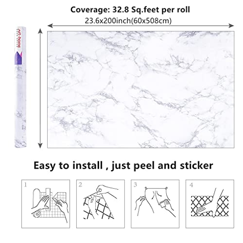 Arthome 60 x 508 cm Peel and Stick Marble Contact Paper,Self-Adhesive Waterproof Vinyl Flim for Furniture Sticker, Kitchens, Bedrooms and Bathrooms - color: White Marble, size: 23.6" x 200"