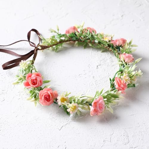 Handmade Fairy Flower Crown - Fashion Pink Flower Headband Mini Rose Hair Wreath Women Girls Floral Headpiece for Wedding Festival Halloween Cosplay - color: Pink Green
