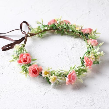 Handmade Fairy Flower Crown - Fashion Pink Flower Headband Mini Rose Hair Wreath Women Girls Floral Headpiece for Wedding Festival Halloween Cosplay - color: Pink Green