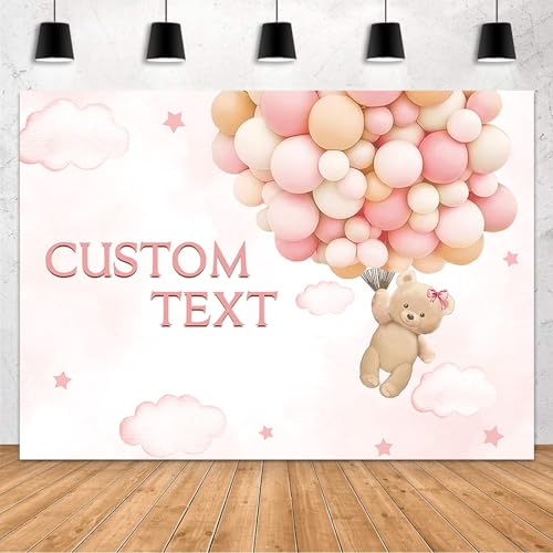MEHOFOND Custom Bear Baby Shower Backdrop We Can Bearly Wait Baby Shower Party Decorations for Girl Hot Airs Balloons Watercolors Clouds Stars Photography Background Newborn Photo Props(Pink) 10x7ft - color: Custom-Pink, size: 10x7ft