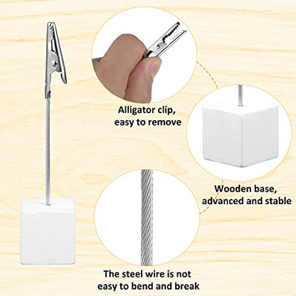 Gersoniel 20 Pcs Cube Base Memo Clip Holder with Alligator Clip Wood Table Number Holder Cube Base Place Card Stand Mini Photo Menu Stand for Displaying Number Card (White) - color: White