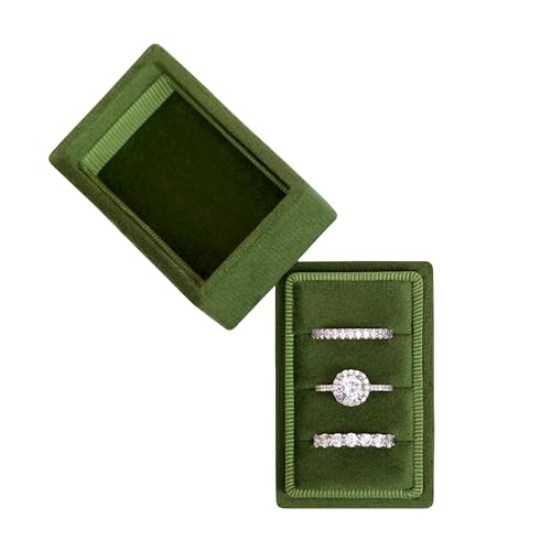 Rectangle 3 Slots Italian Velvet Jewelry Box Engagement Wedding Photo Ring Box Keepsake Box Triple Ring Gift Box (Olive Green) - color: Olive Green
