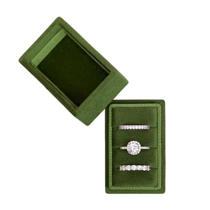Rectangle 3 Slots Italian Velvet Jewelry Box Engagement Wedding Photo Ring Box Keepsake Box Triple Ring Gift Box (Olive Green) - color: Olive Green