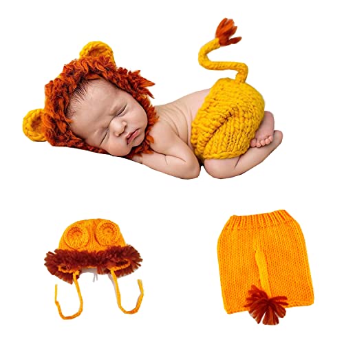 JIAHG Newborn Baby Photography Props Crochet Knitted Outfit Cute Dinosaur Hat & Pants Boys Girls Photoshoot Halloween Costume - color: Yellow Lion