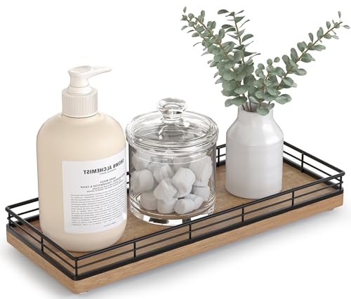 Bathroom Tray for Counter Top Organizer – Acacia Wood Vanity Tray with Metal Frame for Dresser, Kitchen, Nightstand – Black & Acacia Decorative Storage - color: Black & Acacia, size: 11" x 4.5" x 1.5"