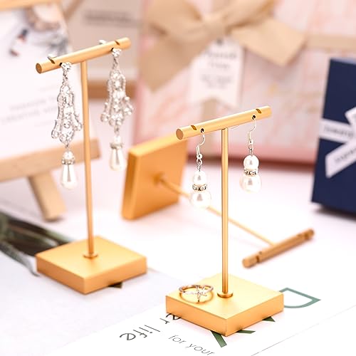 Kigeli 6 Pack Metal Bar Earring Display Stand Retail Earring Display Holder Detachable Metal Display Storage Rack Jewelry Photography Prop, Square Base, Height 4.3" and 5.1"(Gold) - color: Gold