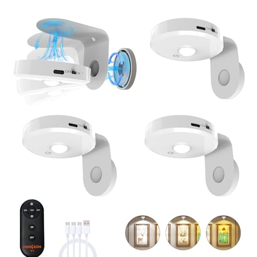 Picture Lights for Wall Wireless with Magnetic,2000mAh Rechargeable Picture Frame lights with Dimmable, Puck Lights with Remote Control,Art Lighting for Paintings,Counter, Shelf,Bookcase(4 Pack,White) - color: White-4 PACK