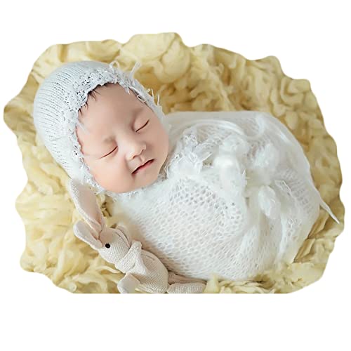 Baby Photography Props Luxurious Lace Hat with Blanket Newborn Photo Shoot Outfits Infant Princess Photos Hats Wrap Set (White) - color: White