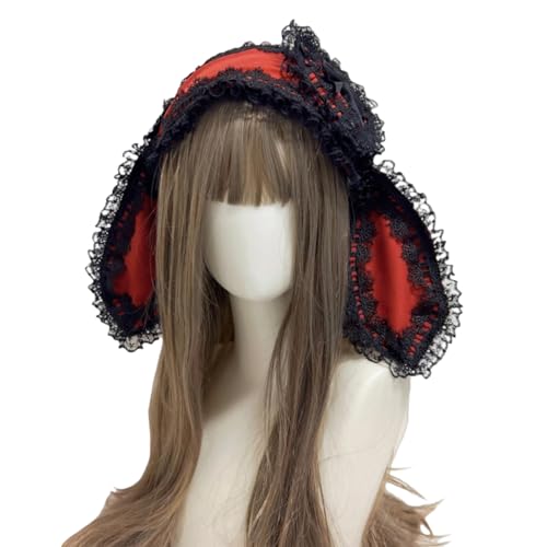 Rabbits Ears Hairband Photo Props Easter Hair Hoop Hairband Party Headpiece Fun Headbands for Music Festival - color: Wine Red & Black Lace